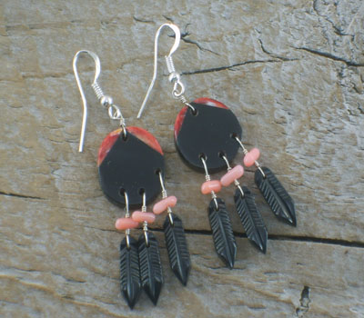 Native American War Shield Feather Earrings Jet 